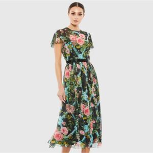Mac Duggal Floral Print Midi Dress - Black, Pink, Green, Blue